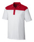 A polo shirt in white with a red colourblock design, featuring a collar and three buttons. It has a logo on the front.