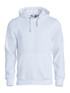 A white hoodie with a front pocket, drawstring hood, and a logo on the label. A white hoodie with a front pocket, drawstring hood, and a logo on the label.