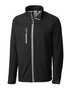 A black softshell jacket featuring a zippered front, pockets, and a collar. It has a logo on the chest.