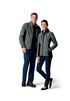 A grey softshell jacket featured on male and female models with a logo displayed. Suitable for casual or outdoor wear.