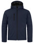 A navy blue men's softshell jacket with a hood, featuring zippered pockets and a logo.