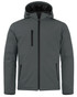 A men's softshell jacket in a muted green colour, featuring a hood and zippered pockets. It has a logo on it.