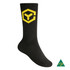 A black sports crew sock with a yellow logo and ribbed design for added comfort.