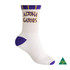 Combed cotton sports crew sock in white with purple accents and a logo. Ideal for sports uniforms.
