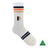 A white crew sock featuring orange, navy blue, and tan stripes, with a logo on the side.