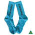 A pair of bright blue sports crew socks with a logo printed on them.