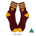 Premium cotton sports quarter socks in maroon and yellow with a logo and striped design.