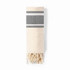 A bath towel in cream and grey with decorative stripes and tassels at one end. It has a logo on the surface.