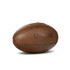 A vintage leather rugby ball in brown, featuring a six-panel design and a logo embossed on the surface.