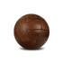 A vintage leather soccer ball in shades of brown with a textured surface and logo branding.