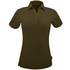 A ladies' polo shirt in dark olive green with a collar and button placket, featuring a branding logo.