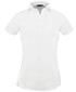 A white ladies' polo shirt with a collar and short sleeves, featuring a logo on the chest.