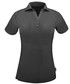 A ladies' polo shirt in dark grey featuring a collar and button placket, with a brand logo on the side.