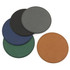 A set of biodegradable round coasters in green, blue, black, grey, and brown, stacked together. A set of biodegradable round coasters in green, blue, black, grey, and brown, stacked together.