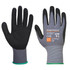 A pair of grey and black Dermiflex gloves with a textured grip and a green cuff. The gloves feature a logo.