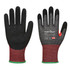 Dark nitrile cut gloves with a textured black palm and a red knitted wrist, featuring a logo on one glove.