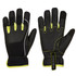 A pair of black and yellow gloves featuring a textured design and a tag, designed for tradespeople.