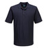 A navy blue short-sleeve polo shirt with a collar and button placket, featuring a logo on the chest.