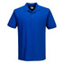 A blue polo shirt featuring a three-button placket and a collar, with a logo on the chest.