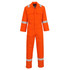 An orange coverall with reflective strips, featuring multiple pockets and long sleeves, designed for work uniform use.
