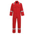 A red coverall with reflective stripes, featuring two front pockets and long sleeves, suitable for work uniforms.