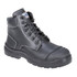 A black safety boot with a lace-up design, featuring a rounded toe and durable rubber sole. It includes a logo.