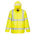 A bright yellow Hi-Vis rain jacket with reflective stripes and a hood, featuring a logo on the front.