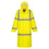 A high-visibility yellow coat with reflective strips, featuring a hood and long sleeves. It has a logo on the front.
