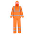 A bright orange Hi-Vis packaway rain suit with reflective stripes, including a hooded jacket and matching pants.