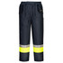 Hi-Vis contrast freezer pants in black with bright yellow reflective stripes and a drawstring waist. Features pockets and a logo.