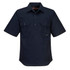 A lightweight short-sleeve, button-up shirt in navy blue, featuring two chest pockets and a logo.