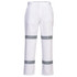 A pair of white cotton drill work pants with grey reflective stripes and a side pocket. The pants have a logo.