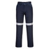 Navy work pants featuring reflective strips, designed for durability and visibility, complete with a logo.