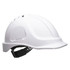 A white safety helmet with ventilation holes and an adjustable strap, featuring a logo on the side.