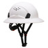 A white full brim hard hat with adjustable straps and ventilation holes, featuring a logo on the front.