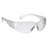 Transparent safety glasses with a wrap-around design and an included logo. The frame is clear.