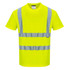 A bright yellow short-sleeve t-shirt with reflective stripes and a brand logo.