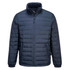 A dark navy puffer jacket with a zip-up front and standing collar, featuring side pockets and a logo.