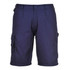 Navy blue combat shorts featuring multiple cargo pockets and a logo. Suitable for casual or outdoor wear.