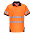A bright orange polo shirt with navy blue accents and reflective strips, featuring a pocket and a logo.