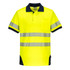 A bright yellow polo shirt with navy blue accents and reflective stripes, featuring a chest pocket and a logo.