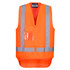 An orange hi-vis vest featuring reflective stripes and a clear pocket. The vest has a front zipper and branding.