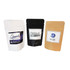 Three stand-up pouches in white, black, and brown, designed for loose leaf tea packaging, featuring varying labels.