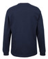 A long-sleeved navy blue T-shirt with a plain back and a branding logo.