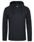 A long-sleeve hooded tee in black, featuring a front pocket and a hood design. It includes a logo label inside.