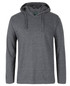 A grey long-sleeved hooded tee with a front pocket and a branding logo on the tag.