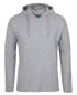 A grey long-sleeve hooded tee featuring a logo, designed as a casual jumper.