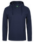 A navy long-sleeved hooded tee with a front pocket and a hood, featuring a logo on the tag.