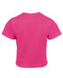 A bright pink infant t-shirt featuring short sleeves and a rounded neckline, with a logo on the back.