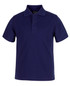 A navy blue short-sleeved polo shirt featuring a three-button placket and a collar. It has a logo on the chest.